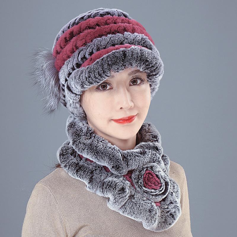 

Новая шапка из меха кролика рекс женская осенне-зимняя с защитой ушей меховая вязаная из натурального волоса для среднего и пожилого возраста утолщенный универсальный комплект шарфа hat