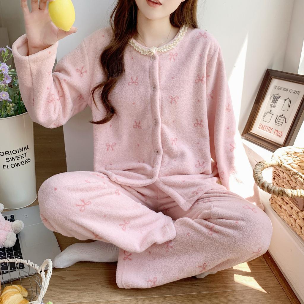 Herbst- und Winter Damen Frischer und Bequemer Pyjama Dick Warm Einfaches Hausanzug-Set