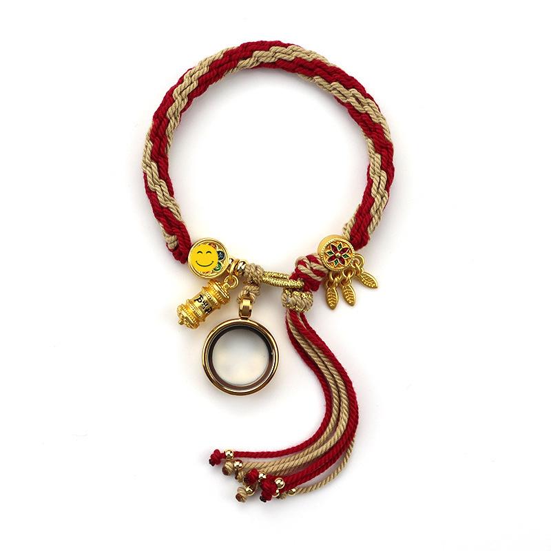 Woven Zhakiram Five Wealth Gods Eye Bracelet with Green Tara and Manjushri Thangka Design