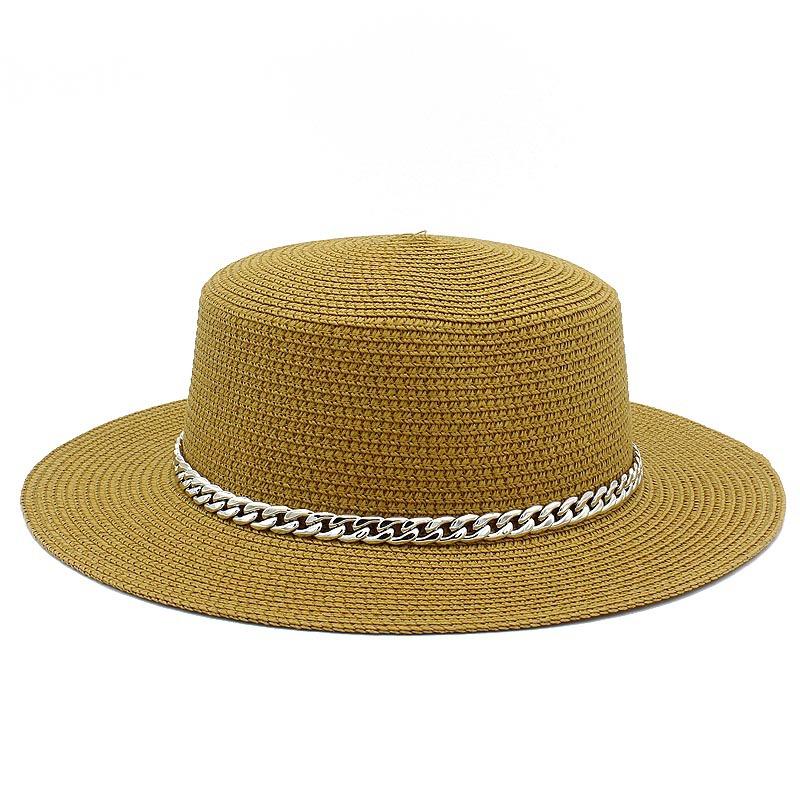 Spring and summer women's travel sunscreen straw hat fashion chain solid color beach British style jazz hat Hats