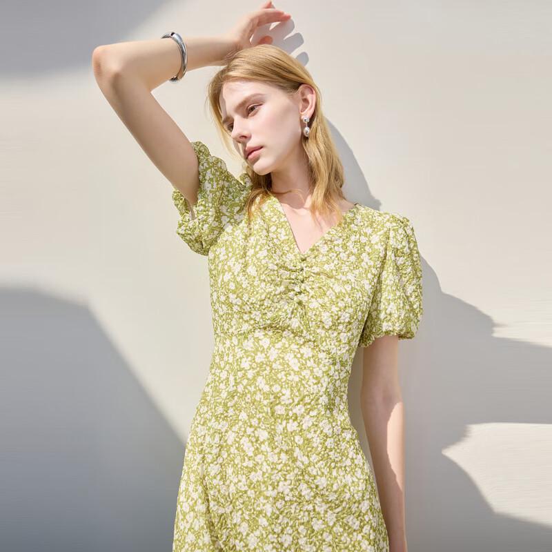 

Sancai 2025 Summer V-Neck Floral Bubble Sleeve Midi Dress L