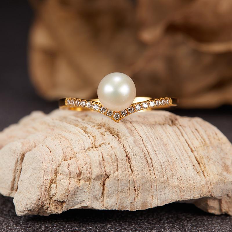 V-Shaped Autumn And Winter S925 Sterling Silver 18K Natural Freshwater Pearl Ring Index Finger Ring Cold Wind Light Luxury Niche Does Not Fade