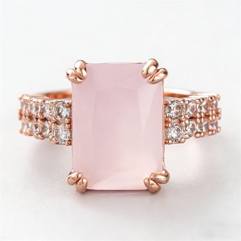 Huitan Graceful Rose Gold Color Engagement Ring with Pink Stone Shiny Cubic Zirconia Finger Accessories for Wedding Ceremony