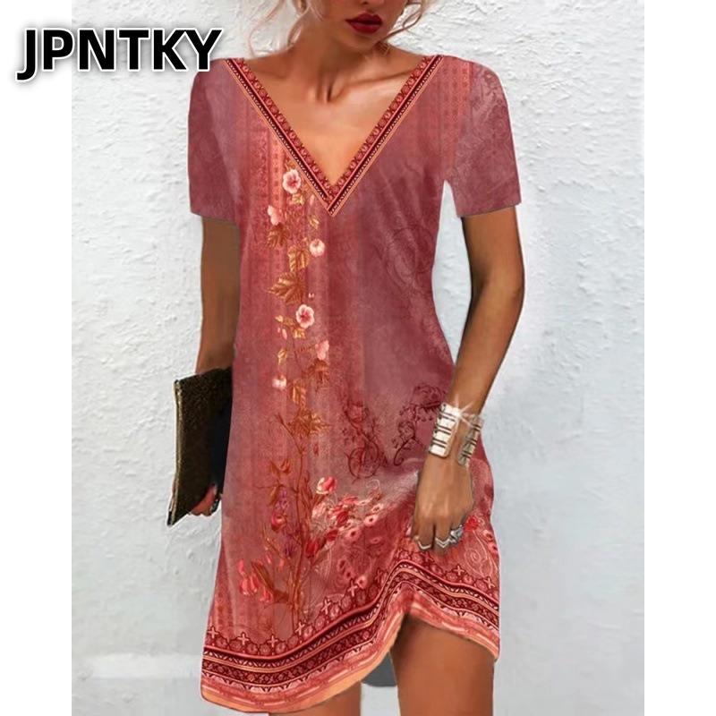JPNTKY Fashion Summer Spring Short Sleeve V-Neck Casual Dresses