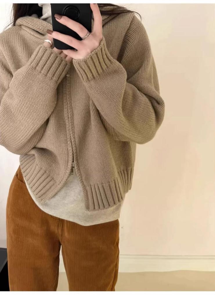 Women's Autumn/Winter Hooded Wool Knit Cardigan - Double Zipper Short Loose Sweater Coat