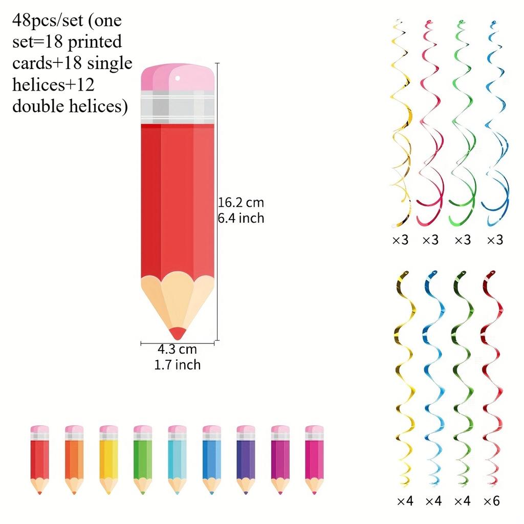 48pcs Back To School Pencil Hanging Swirl Decorations - Colorful Paper Confetti for Classroom, Party, Graduation, Birthday Decor