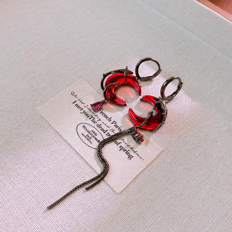 Red Crescent Asymmetrical Tassel Earrings, Niche Personality High-End Sweet And Cool Style Ear Accessories