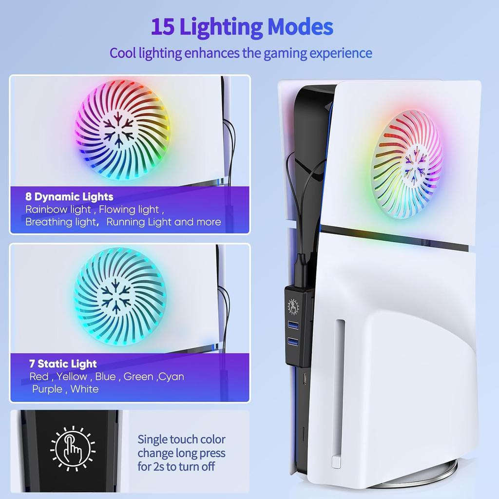 Faceplate for PS5 Slim Console with Cooling Vents & RGB Light Ring Strip & USB2.0 Hub, DIY Hard Shockproof Plates Cover & 15 LED Mode, Replacement