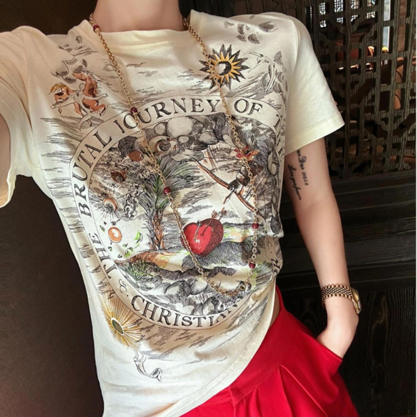 

Summer pure cotton Casual loose T Shirt Women s Streetwear Harajuku Large size vintage graphic print Short Sleeve T-shirts for Women Y2k Tops XL абрикосовий