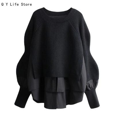 Knit Sweater Women Winter Fake Two-piece Fashion Loose Round Neck Design Sense Pullover Thin Long-sleeved Oversize Top Sweater