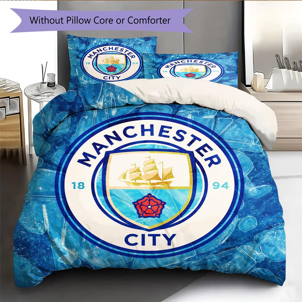 Set Copripiumino Trapuntato con Motivo Manchester City F.C Decorazione per la Casa Regalo (1 * copripiumino + 2 * federe senza imbottitura)
