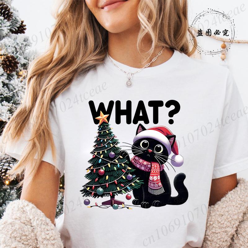 Funny Christmas Cat Women TShirt Xmas Cat Graphic TShirts Tops Short Sleeve Tees Casual Harajuku Street Tshirt Female Clothing