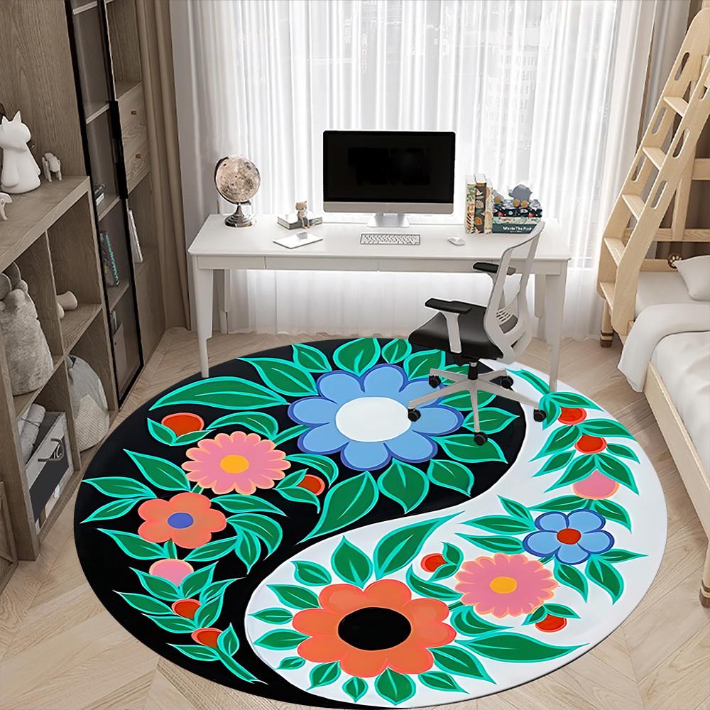 1pc Floral Yin Yang Symbol Carpet, Round Non Slip Durable Large Size Office Carpet, Suitable for Office