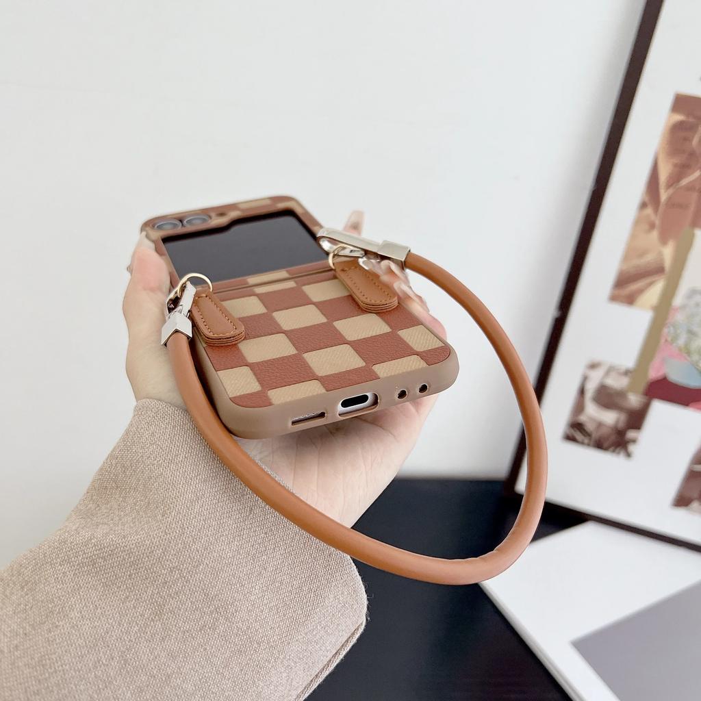 Kostkovaný PU kožený řemínek na zápěstí Pouzdro na telefon pro Samsung Galaxy Z Flip 6 5 4 3 5G Ochrana Nárazuvzdorný kryt