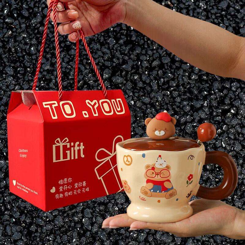 Cute Little Bear Ceramic Mug with Lid and Spoon
