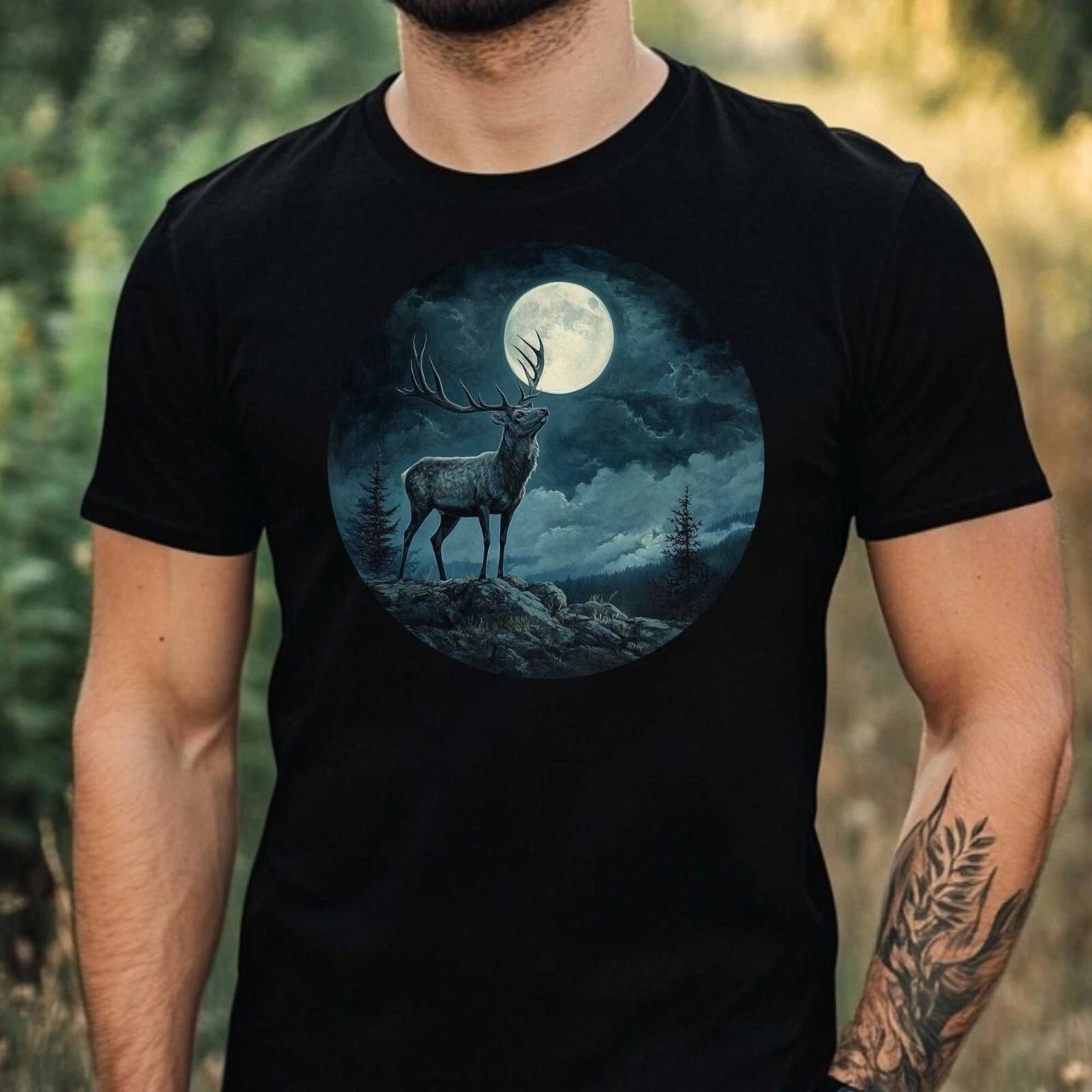 T-Shirt Herren Hirsch im Mondlicht Motiv Baumwolle Größe XS bis 5XL XXL