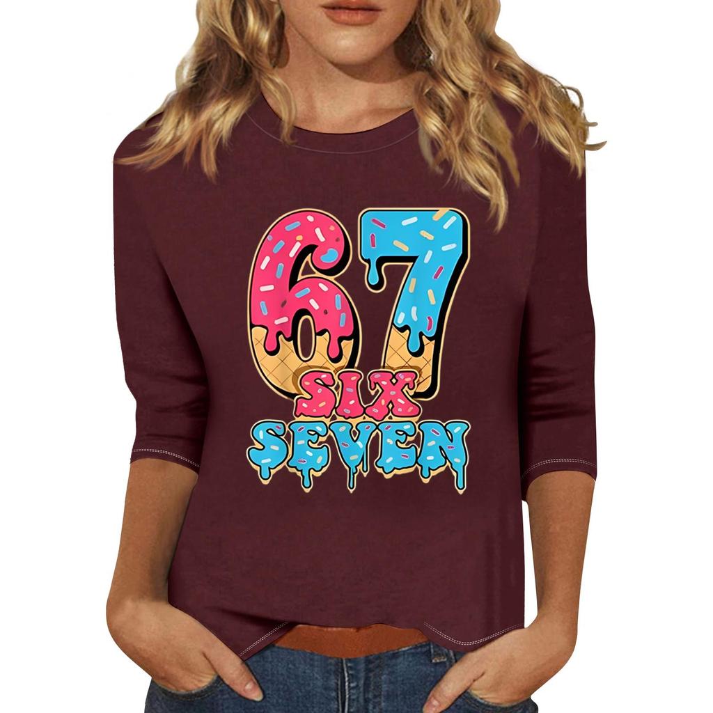 Women's Fashionable Casual Three-Quarter Sleeve Printed Neck T-Shirt Top