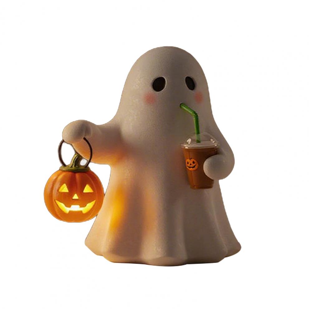 Decorative Ghost Sculpture Spooky Ghost Decor Spooky Halloween Ghost Night Lamp with Pumpkin Drinking Resin Statue for Holiday