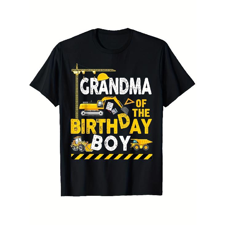 1pc Grandma Of The Birthday Boy Construction Worker Graphic T-Shirt | Heavyweight 180gsm Tee Excavator Design Birthday Party Outfit For Grandparents S чёрный