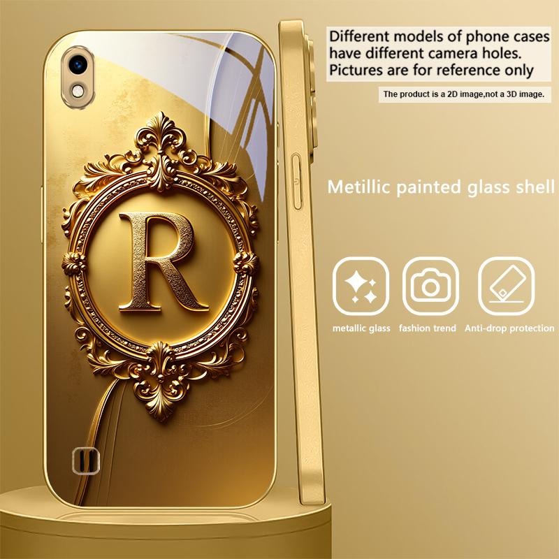 Gorgeous letter gold "R" For Samsung A 01 52S A04 A05S A10 A12 13 22 23 24 36 42 M02 Note 10 20Ultra 8 9 Golden glass phone case
