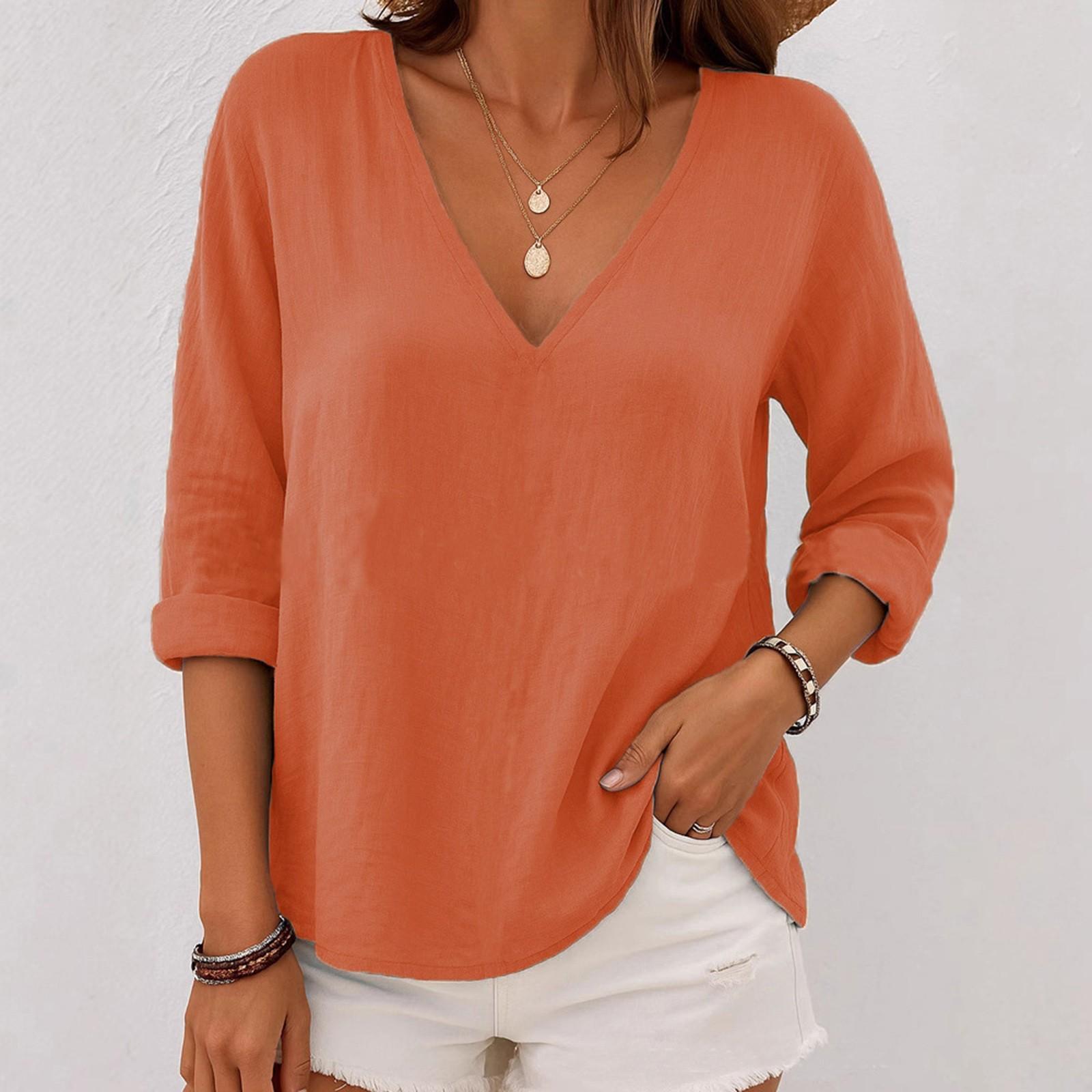 

Women s Casual 3/4 Sleeve V-Neck Gradient Color Printed Cotton And Linen Top XL шафрановый