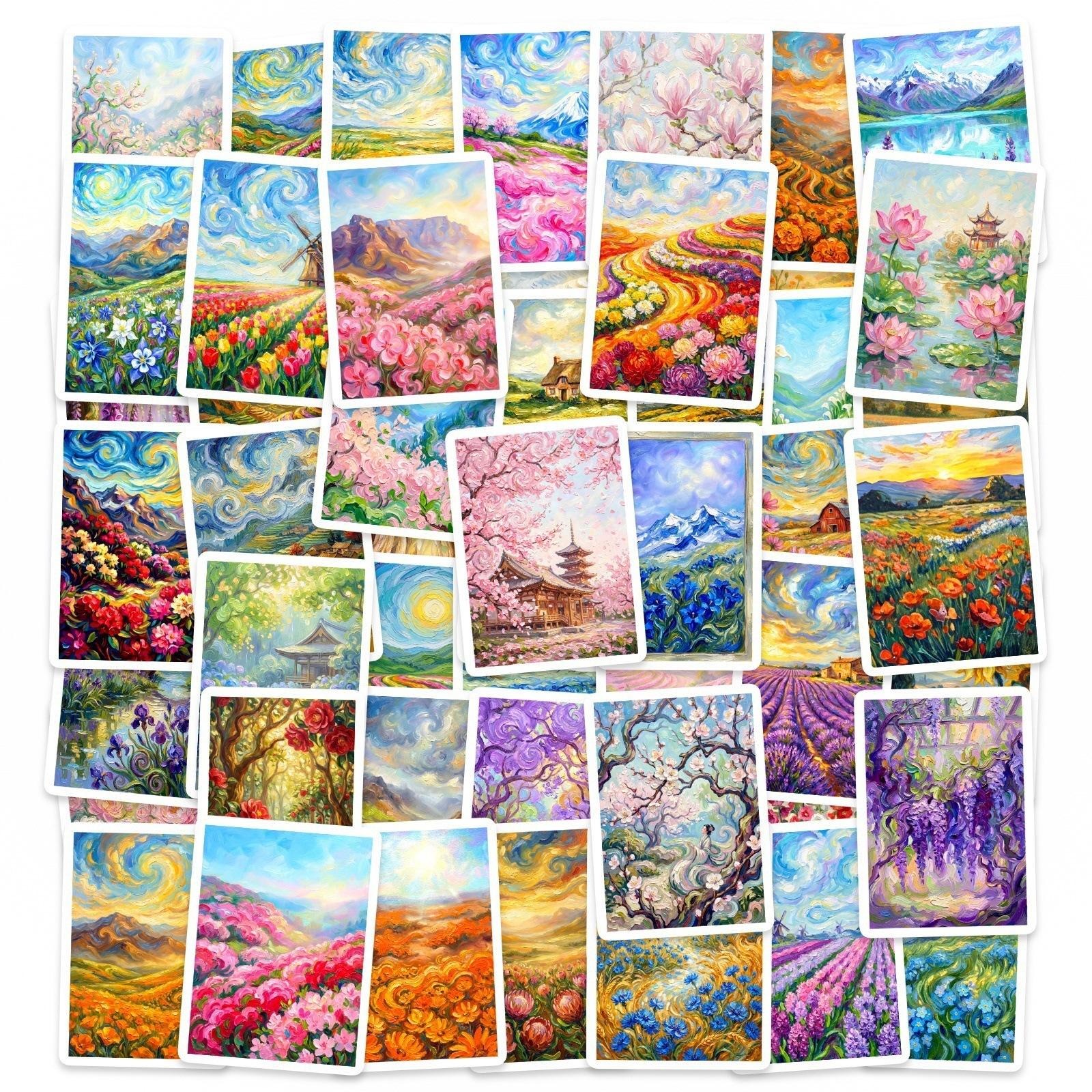 

50 Hand-Painted Oil Paintings, Flower Field Scenery, Small Fresh Graffiti Stickers, Computer Water Cup Waterproof Pp Sticker