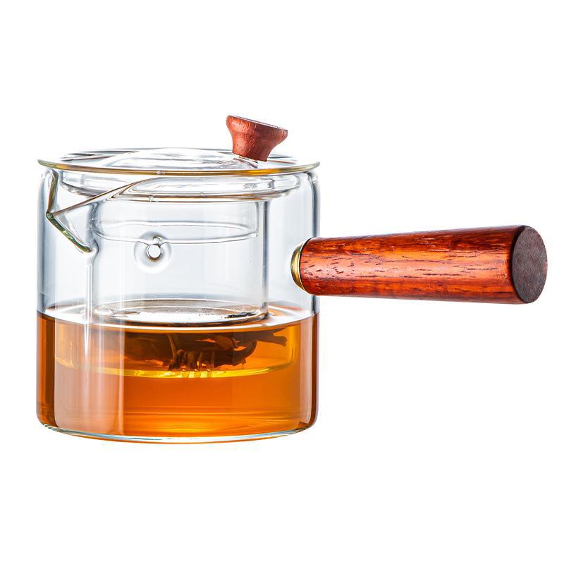High-Temperature Resistant Borosilicate Glass Teapot with Red Sandalwood Side Handle for Electric Ceramic Stove Tea Making