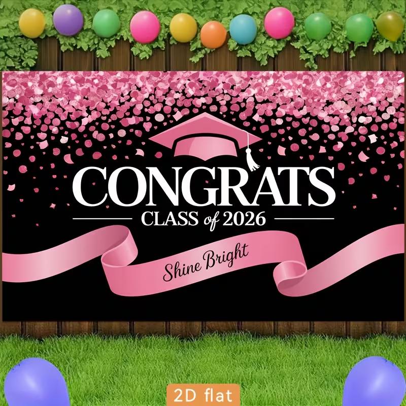 2D Rosa Schwarz Glückwünsche Abschluss Hintergrund Klasse von 2026 Party Dekoration Banner