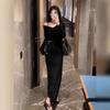 French black off-the-shoulder v-neck long-sleeved dress, autumn dress for women, small man with waist temperament, waist-exposed, bottom-up dress