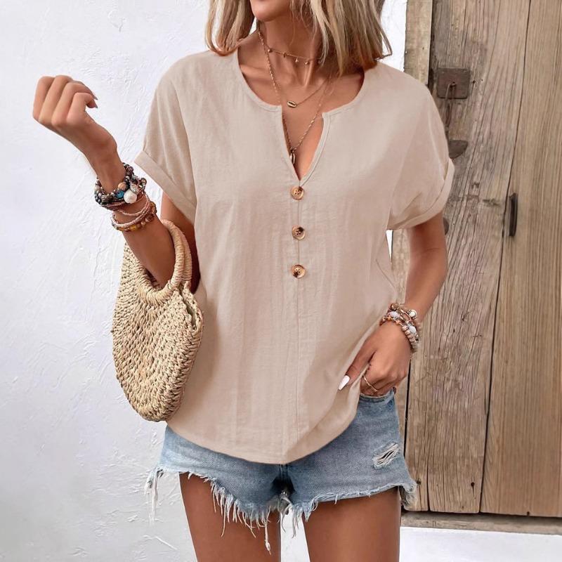 Summer Women's Button Up V-neck Short Sleeved T-shirt Top