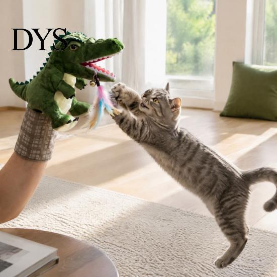 Gift for Cat Lovers Wrestling Glove with Arm Sleeve, Dinosaur Interactive Toy, Puppet Bite Proof Handling Protective 2 Feather Toys Indoor Cats