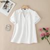 VONDA Summer Women V Neck Short Sleeve Solid Color Casual Blouse Tops