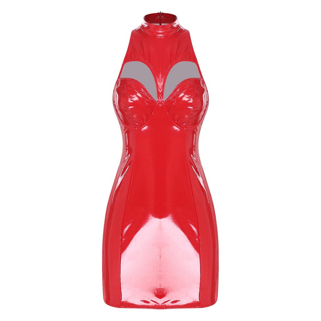 Damska sukienka Bodycon z PU Błyszczący Efekt Mini z Wysokim Dekoltem Bez Rękawów Wycięcia Sukienka Tubowa na Imprezę