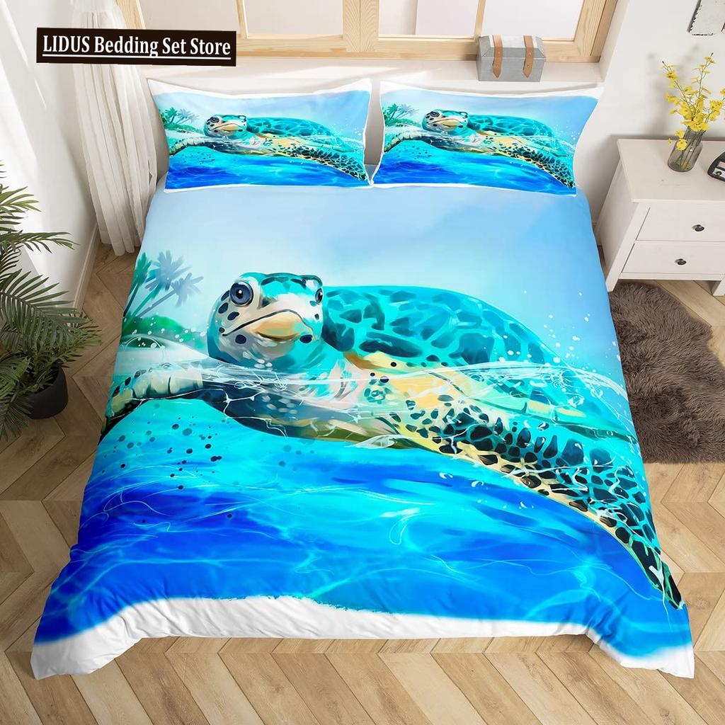 Sea Turtle Duvet Cover Set King Size Watercolor Tortoise Butterfly Comforter Cover For Boys Girly Dreaming Style Bedding Set