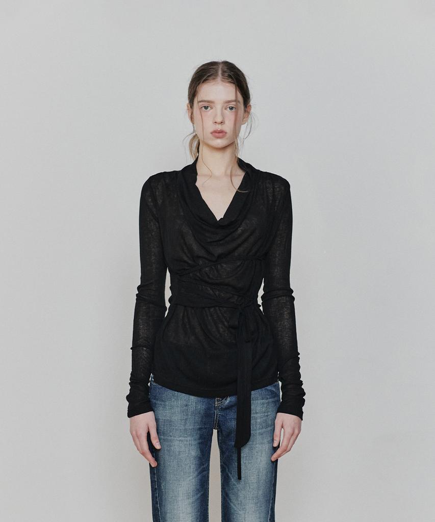 PAINORPLEASURE Lily Cowl Ribbon Top Black