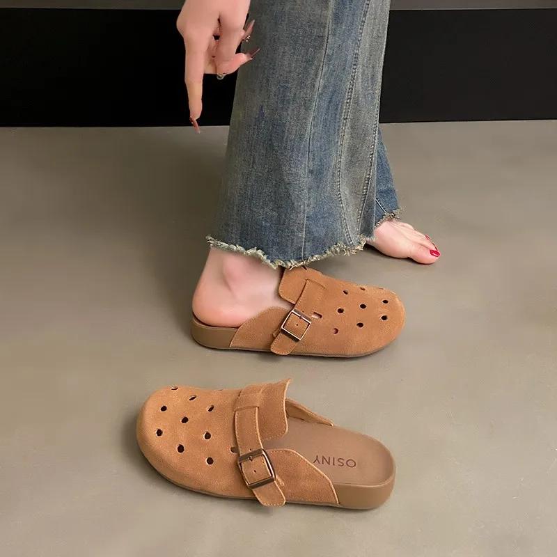 Fashion Ladies Shoes 2025 Closed Toe Women's Slippers Retro Casual Slippers Women Round Toe Buckle Hollow Flat with Plus Size Sandals