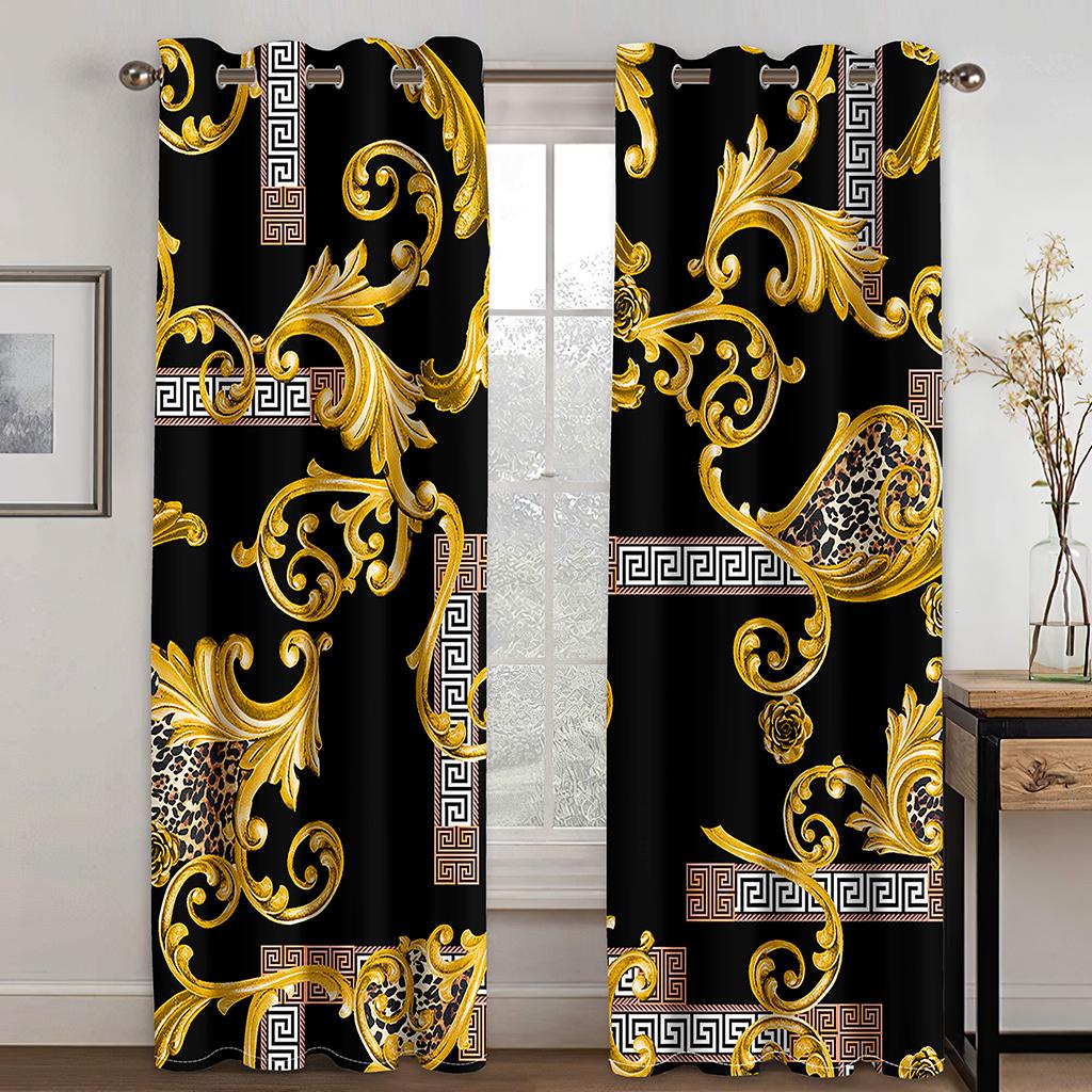 Luxury Gold Black Abstract Greek Key MeanderOn Sale Window Curtains for Kids Bedroom Living Room Kitchen Door Home Decor 2Pieces