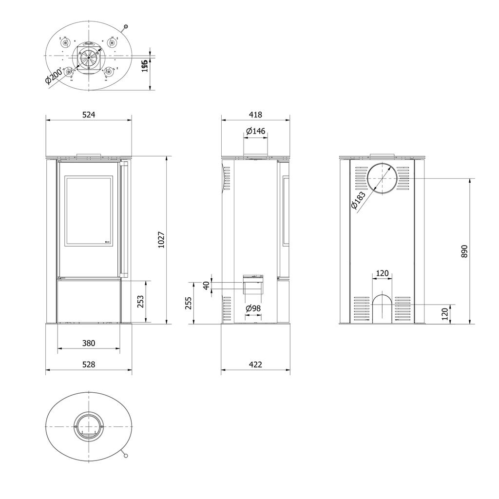 Wood Burning Steel Stove KRATKI ERIK Ø 150 5,5 kW Decorative Ceramics SERPENTINO Self Closing Door