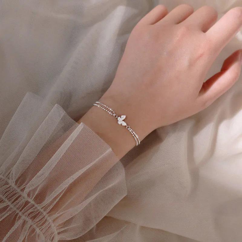 Butterfly Bracelet Ins Niche Design Cold Wind Double-layer Round Bead Jewelry Light Luxury Girlfriend
