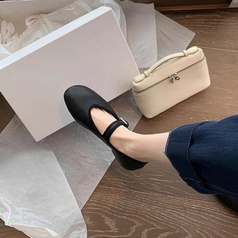 New Round-toe Buttoned Slip-on Low-heeled Open-toe Flat Shoes for Women