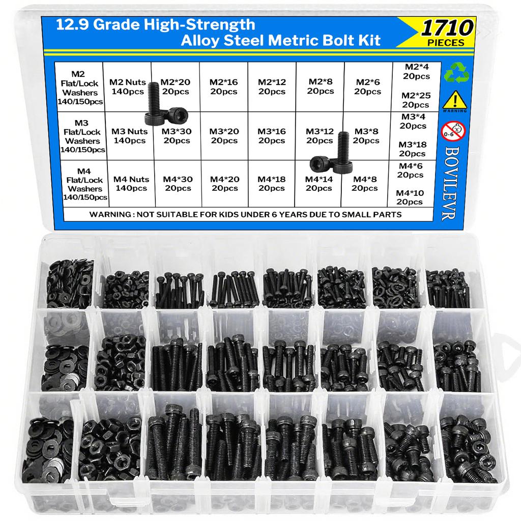 1710Pcs 12.9 Grade Alloy Steel Socket Head Screw Kit - M2 to M4 with Nuts & Washers - Black Oxide Rust-Resistant 21 Sizes 4-30mm