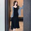 2025 Spring/Summer French Black Spaghetti Strap Slit Dress & Sun Protection Cardigan Set