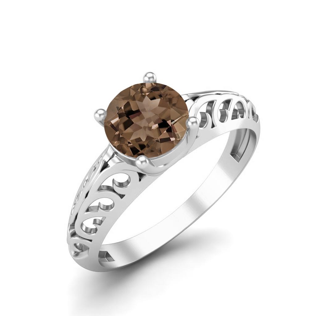 0.85 Ctw Round Smoky Quartz 925 Sterling Silver Solitaire Filigree Women Promise Ring
