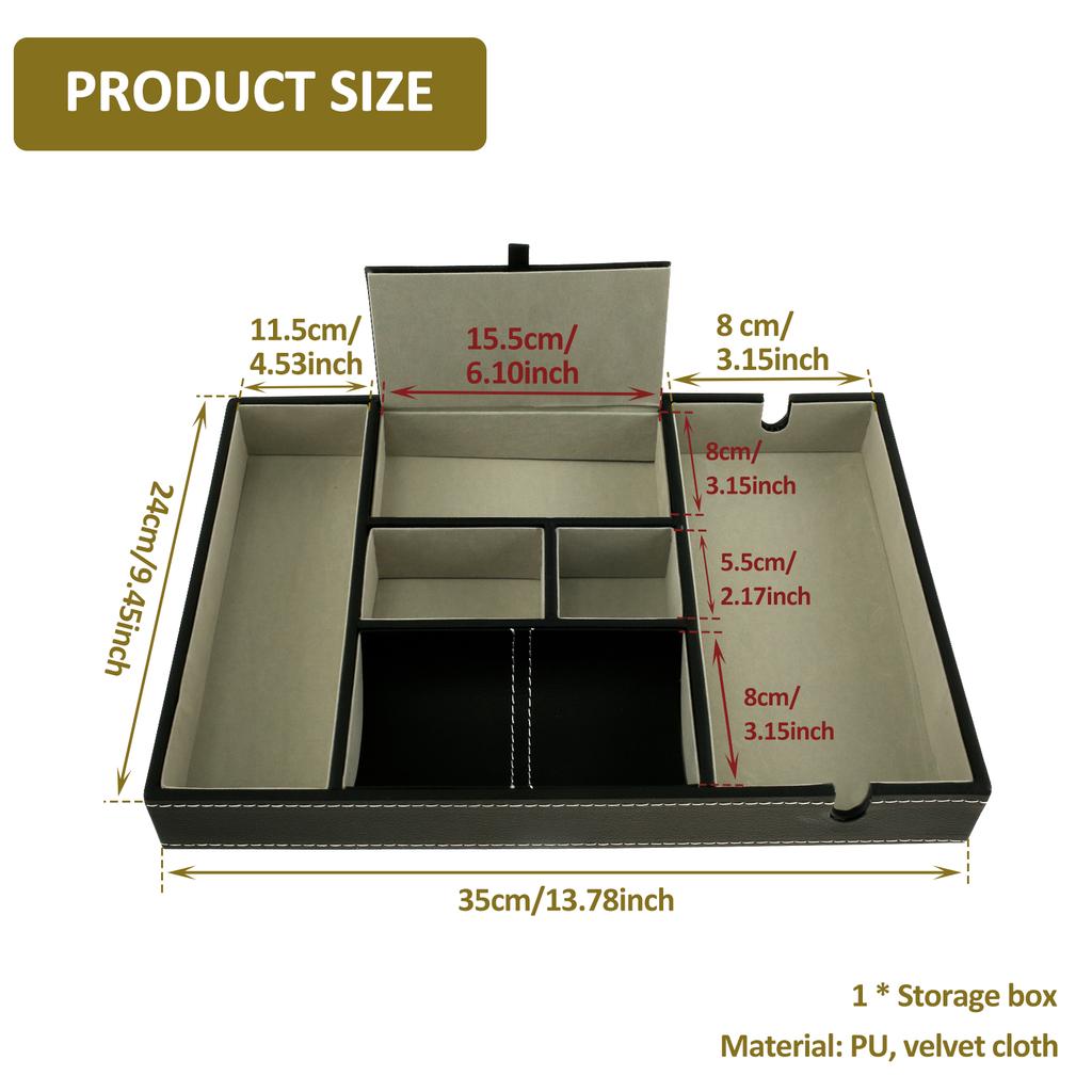 PU Desktop Organizer with 5/6 Compartments Men's Valet Tray Nightstand Jewelry Storage Box for Phone Keys Wallet Watch Glasses