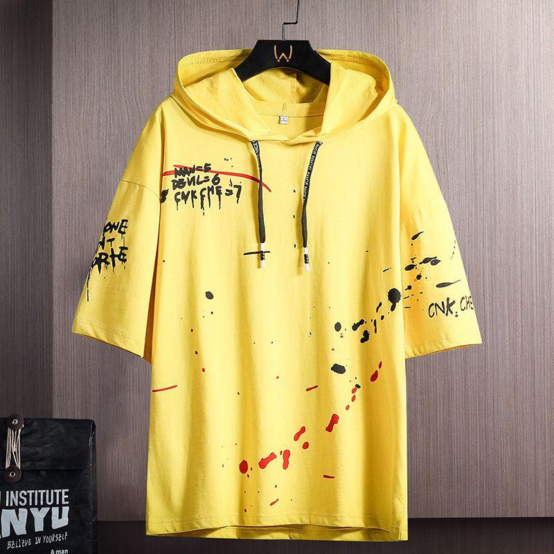 Mænd Forår Sommer T-shirt Kortærmet Halvlange Ærmer Print Splejsning Mandlig Afslappet Løstsiddende Toppe Streetwear Hættetrøjer Plus Size