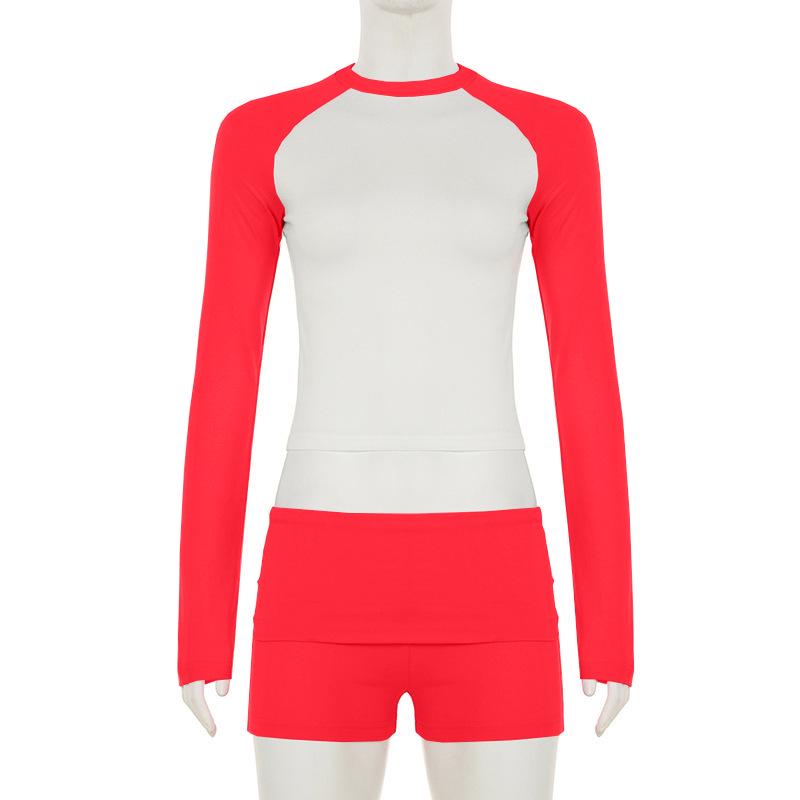 

American Casual Sports Color Block Three-Piece Set: Long Sleeve T-shirt, Cropped Pants, Fitness Wear Medium