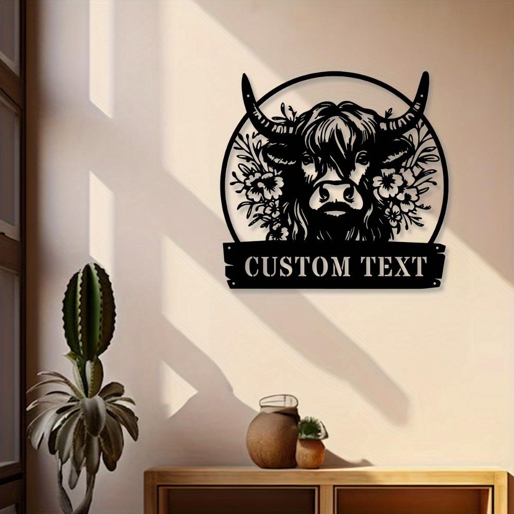 Unique 1pc Custom Metal Highland Cow Outline Engraved Family Name Wall Art House Number Address Sign