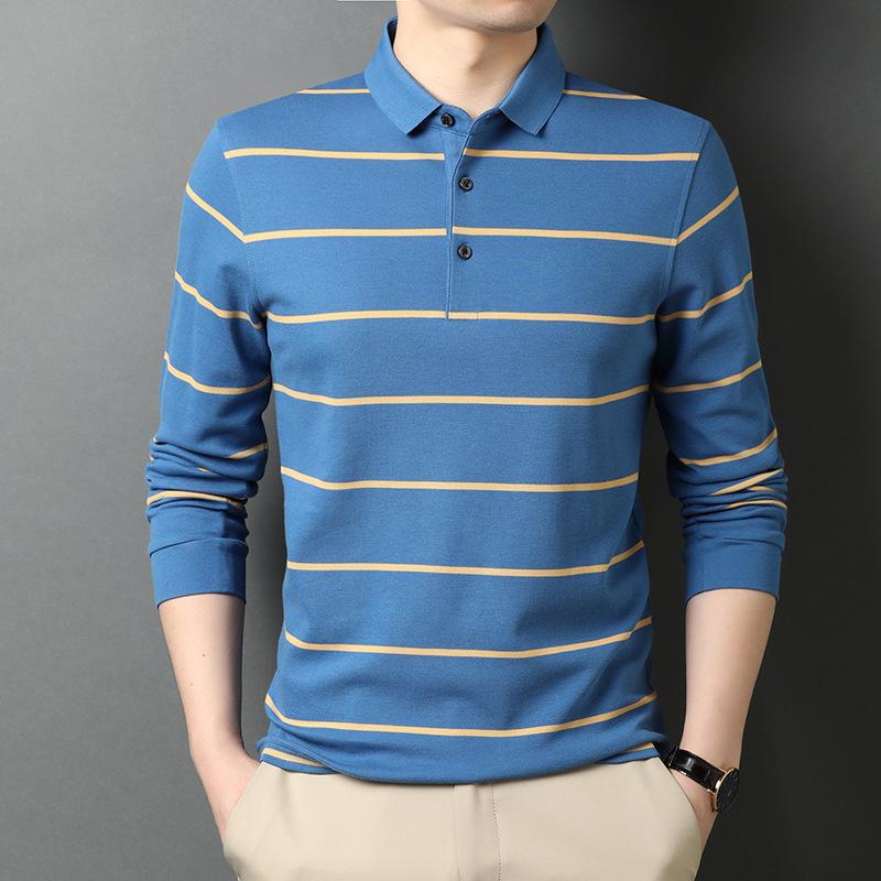 Spring New Cotton Handsome Men's Long Sleeve Polo Collar Stripes T-shirt Trendy Casual Fashion Men's T-shirt