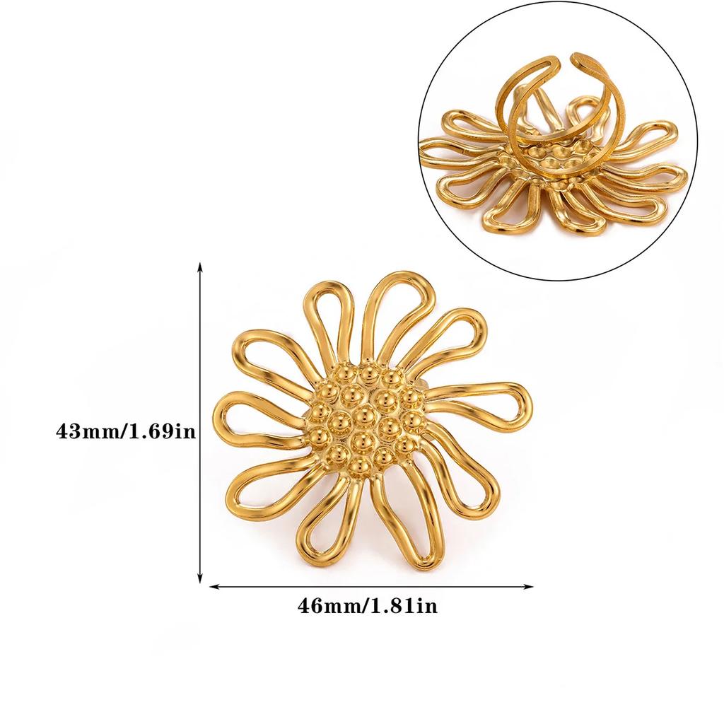 Retro Big Sun Flower Gold Color Ring For Women Stainless Steel Exaggerated Punk Anillos Open Adjustable Rings Waterproof Jewelry