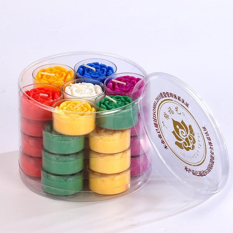 Porta candela in ghee a forma di loto di cristallo a sette colori per offerte a Buddha